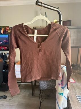 FP Movement by Free People Chocolate Brown Waffle Henley Long Sleeve